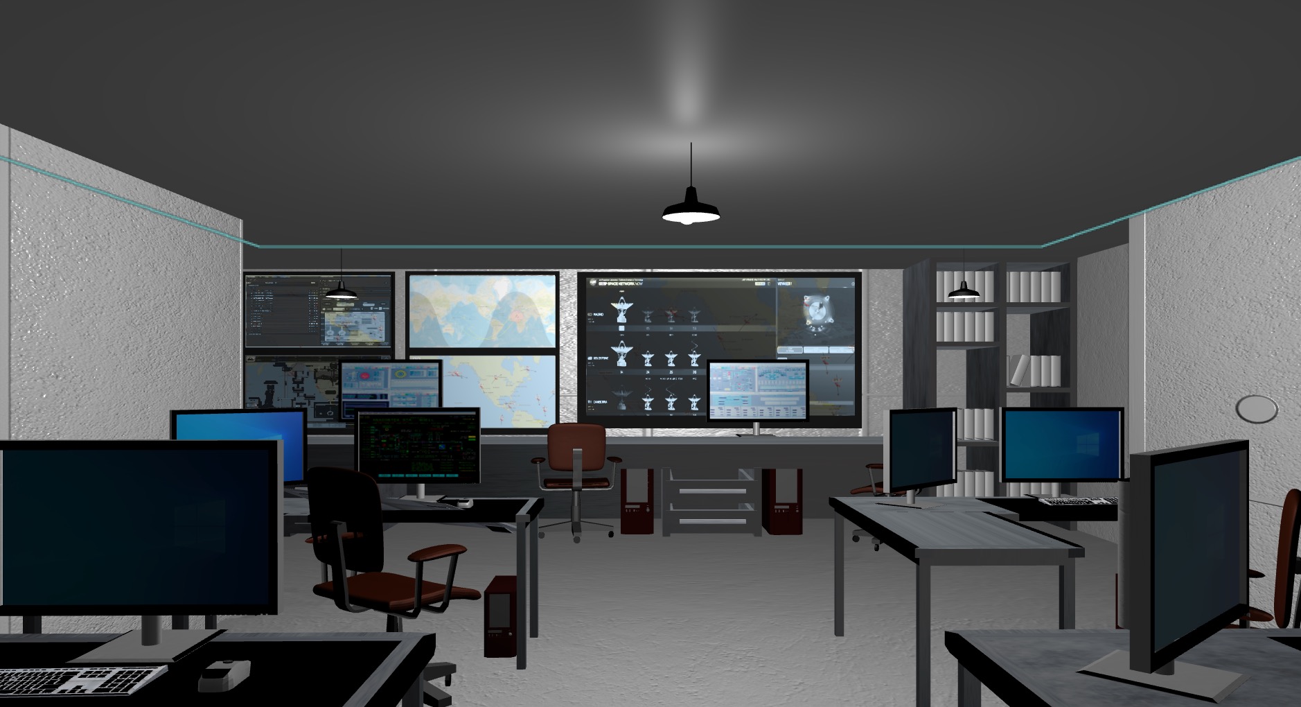 A virtual rendering of a satellite command center, featuring empty desks and large computer monitors