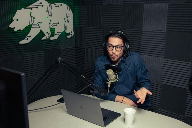 Ryan Vannucci recording a podcast