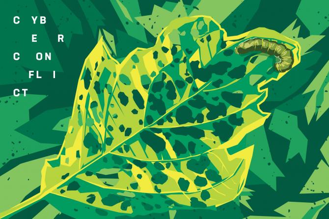 illustration of caterpillar on a leaf with the words "cyber conflict"