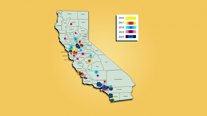a color-coded heat map displaying locations of participating schools in California from 2016 to 2020